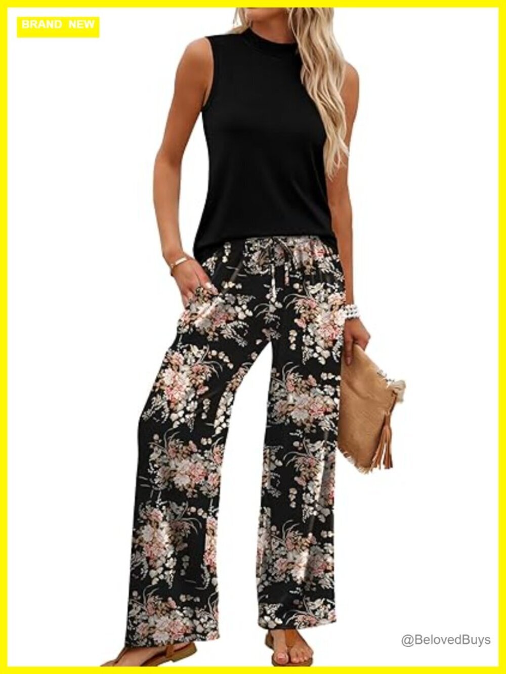Two Piece Set Mock Neck Sleeveless Top Wide Leg Pants